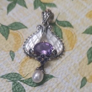 Barbara Bixby Enhancer MOP Angel Wings 925 18k Purple Amethyst Pearl Pendant 2"